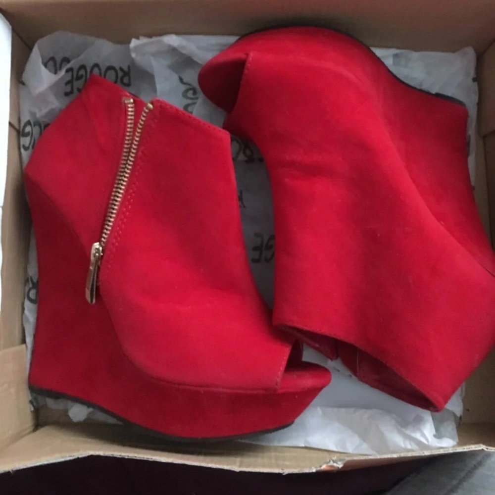 Red Faux Suede Wedge Heels